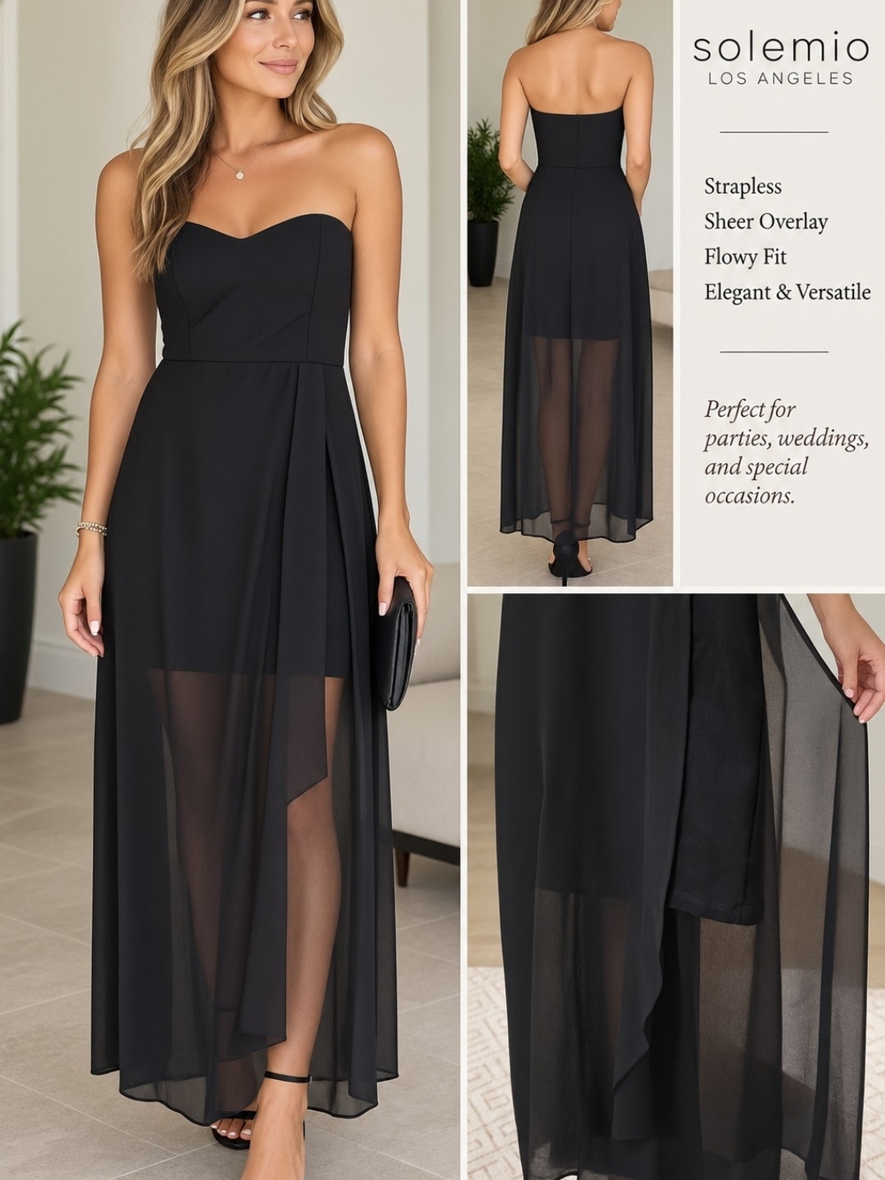 Solemio Black Strapless Chiffon High-Low Maxi Dress